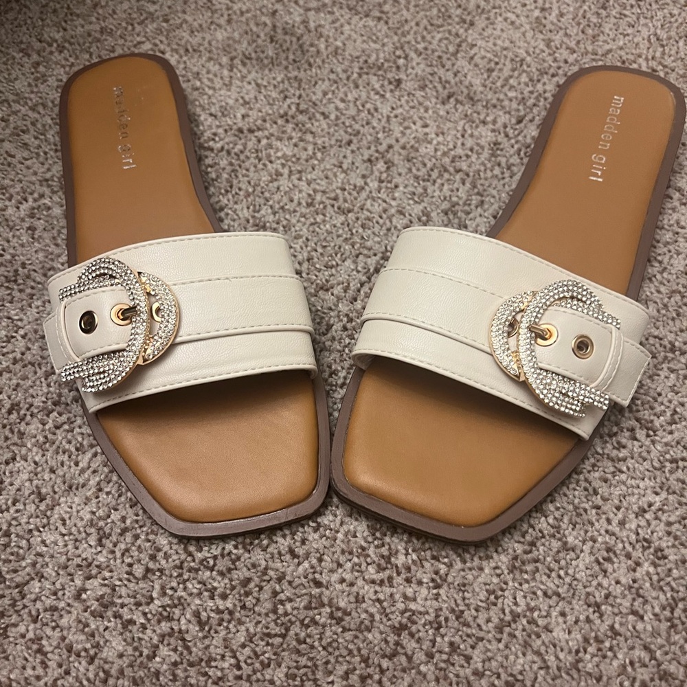 Madden Girl Cream Slide Sandals with Textured Strap